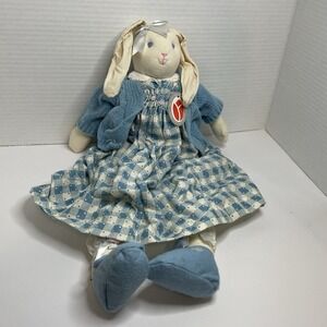 Delton Bunny Rabbit White Plush Wired Ears Jointed Country Dress Granny Core 18"